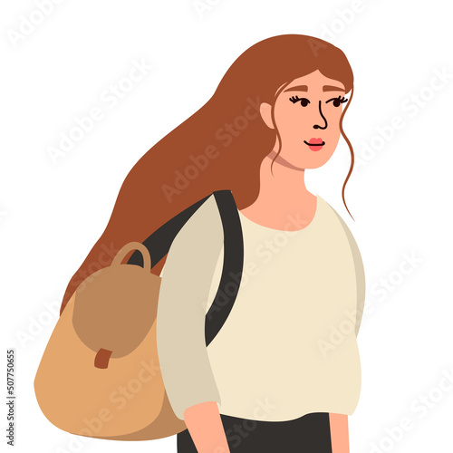 Young pretty girl travelling, hitchhiking with backpack, illustration isolated on white background.