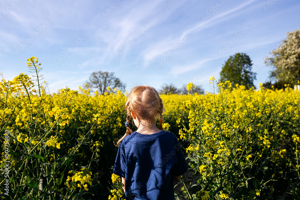 Girl with red hair amidst plants on rapeseed field Girl with red hair amidst plants on rapeseed field