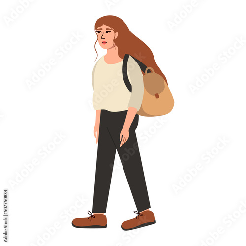 Young pretty girl travelling, hitchhiking with backpack, illustration isolated on white background.