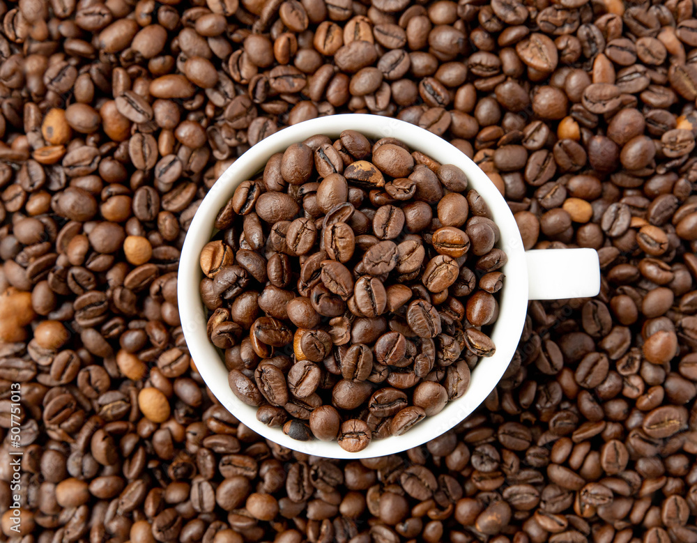 Roasted coffee beans in a white cup, top view