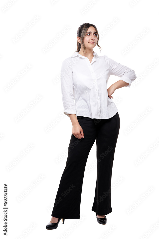 Confused young Indian businesswoman full body isolated on white Confused young Indian businesswoman full body isolated on white