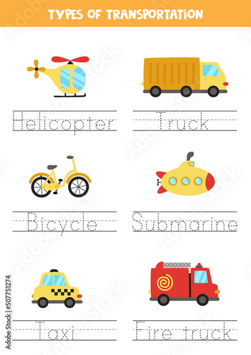 Tracing names of transportation means. Writing practice.