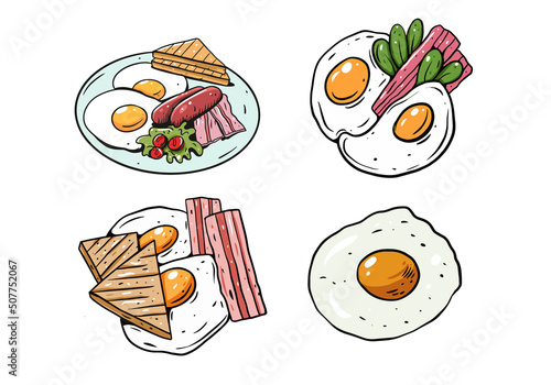 Fried eggs on pan hand drawn sketch set. Breakfast eat vector illustration.