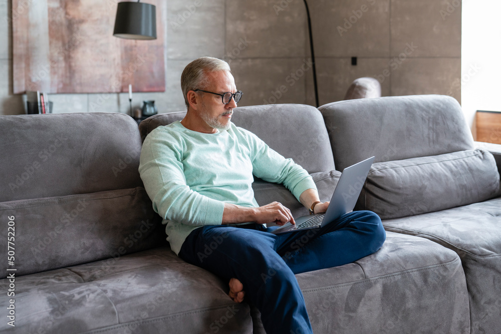 Businessman using laptop sitting on sofa in living room at home Businessman using laptop sitting on sofa in living room at home