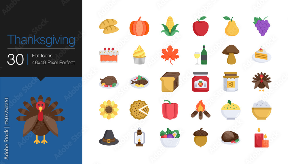 Thanksgiving icons. Flat design. Vector illustration.