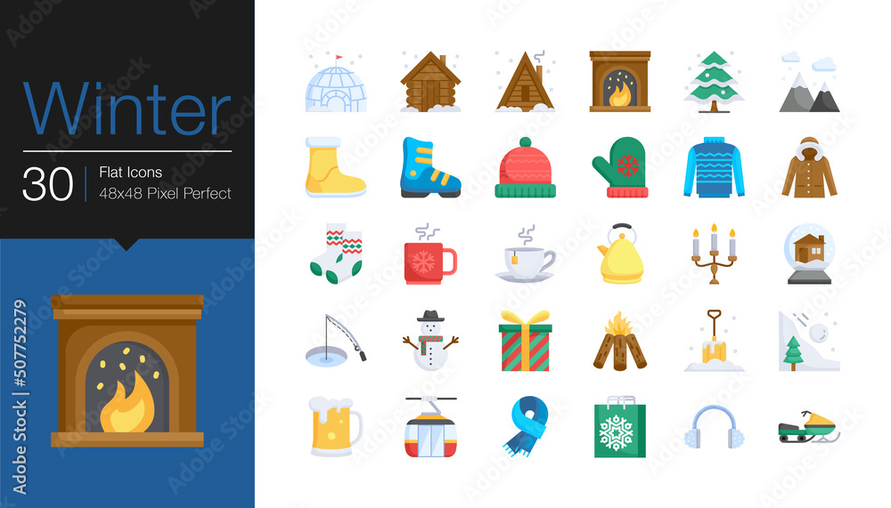 Fototapeta premium Winter icons. Flat design. Vector illustration.