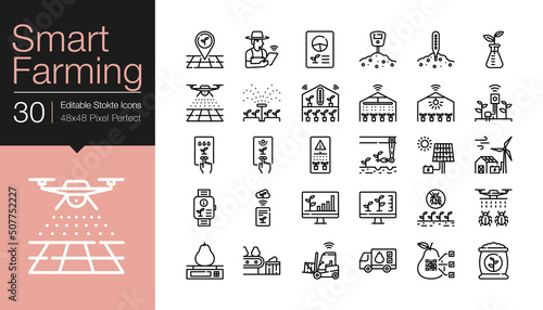 Smart Farming icons. Modern line design. Editable Stroke.