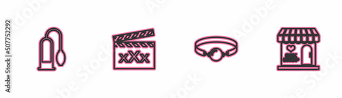 Set line Penis pump, Silicone ball gag, Movie clapper with Sex and shop building icon. Vector