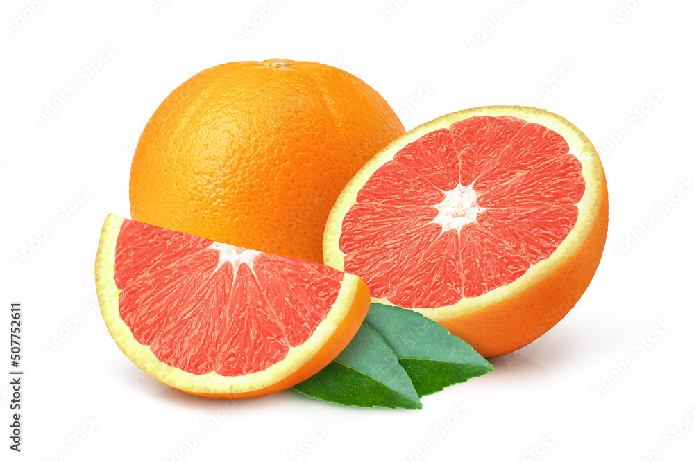 Group of grapefruit with slices and green leaves isolated on white background. Group of grapefruit with slices and green leaves isolated on white background.