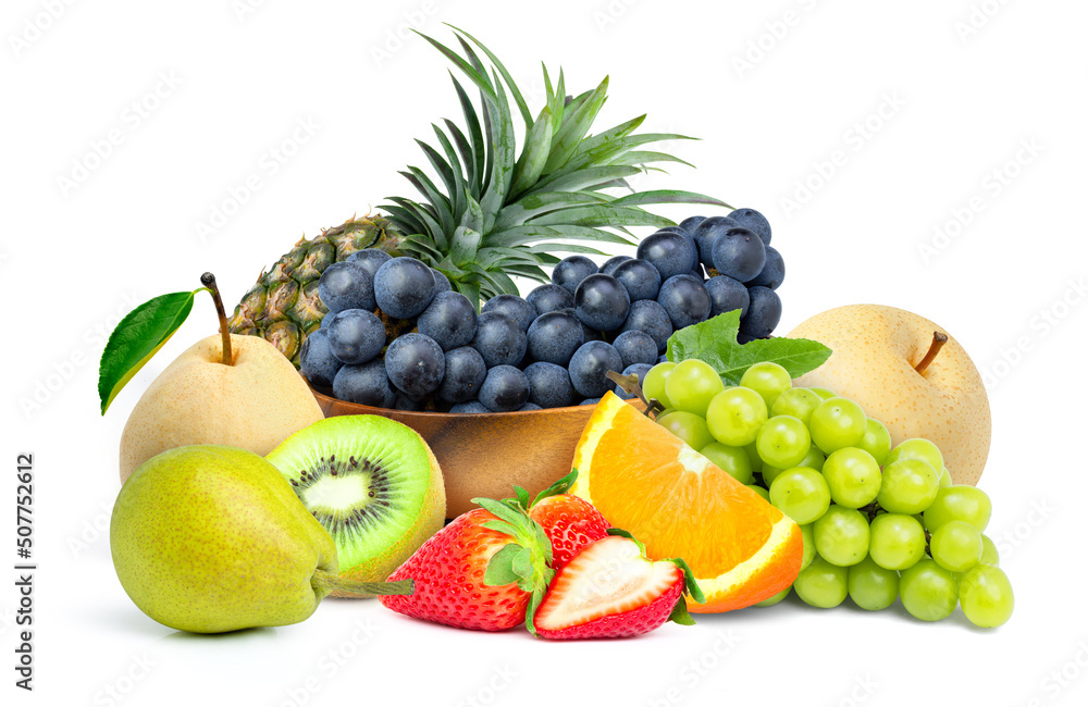 Group of different fresh organic tropical fruits isolated on white background. 