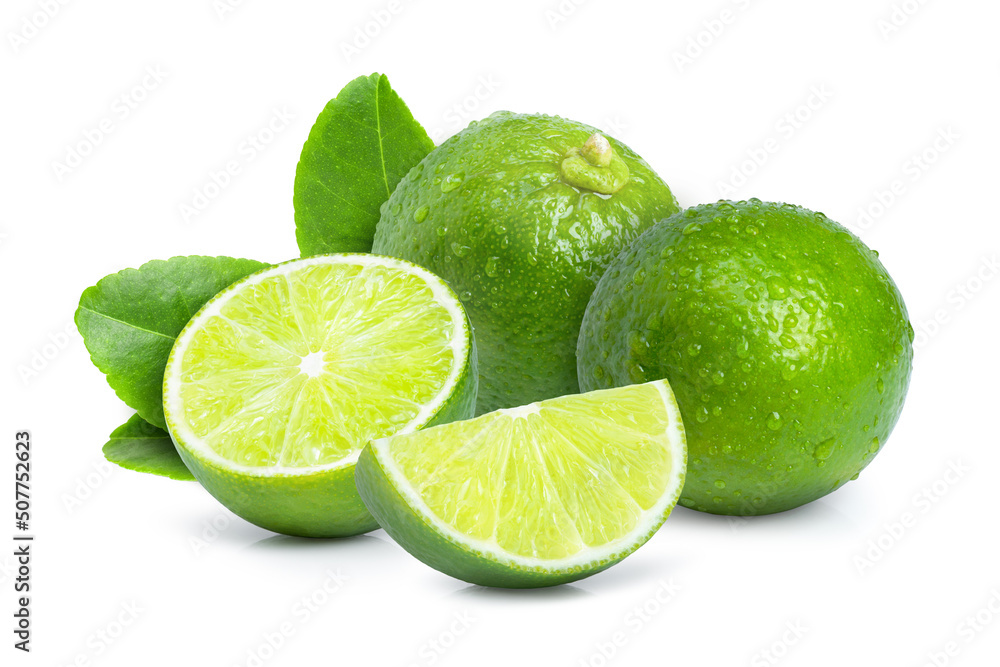 Lime fruits with green leaf and cut in half slice isolated on white background. Lime fruits with green leaf and cut in half slice isolated on white background.