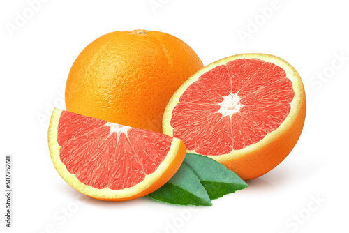 Group of grapefruit with slices and green leaves isolated on white background.