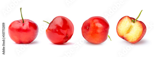 Set of fresh red acerola cherry fruit with cut in half sliced isolated on white background.