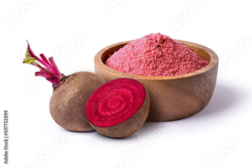 Wall Mural Beetroot (beet root) powder in wooden bowl with fresh fruit isolated on white background