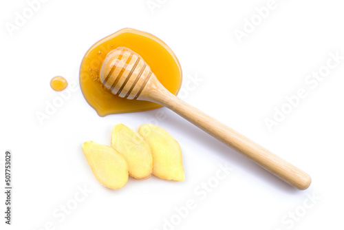 Ginger with honey isolated on white background.Top view. Flat lay.