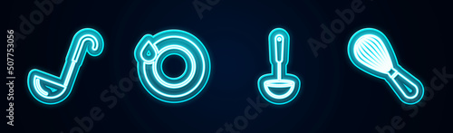 Set line Kitchen ladle, Washing dishes, and whisk. Glowing neon icon. Vector