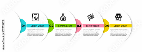 Set line Shopping bag of marijuana, Test tube with, Marijuana or cannabis seeds and and store. Business infographic template. Vector