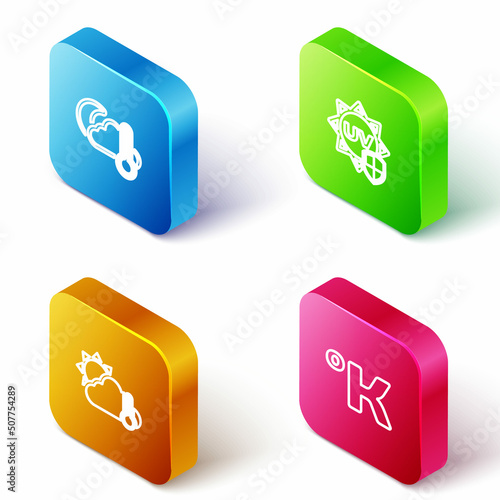 Set Isometric line Thermometer and cloud, moon, UV protection, sun and Kelvin icon. Vector