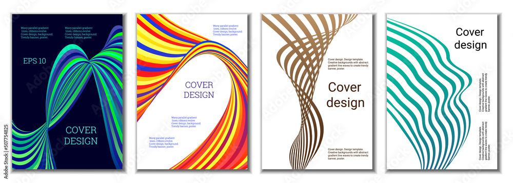 A set of 4 abstract covers. Wavy parallel gradient lines, ribbons evolve. Cover design, background. Trendy banner, poster. A set of 4 abstract covers. Wavy parallel gradient lines, ribbons evolve. Cover design, background. Trendy banner, poster.