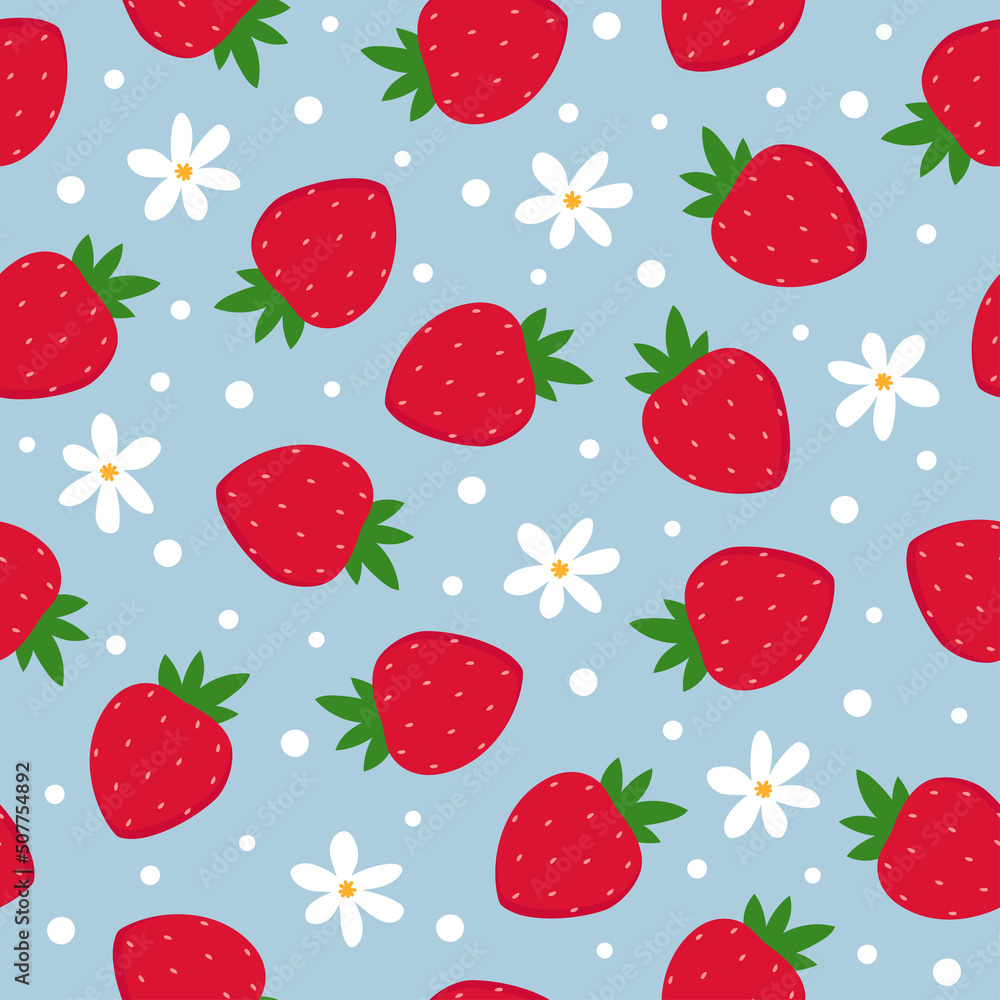 Seamless pattern of strawberries and flowers. Colorful fruit on blue background. Seamless pattern of strawberries and flowers. Colorful fruit on blue background.