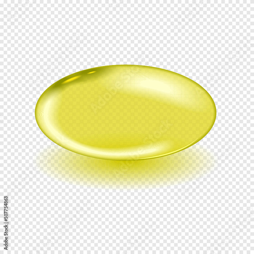 Oil gold oval bubble isolated on transparent background. Cosmetic capsule of vitamin E, A or omega 3 oil