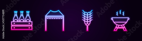 Set line Pack of beer bottles, Camping tent, Wheat and Barbecue grill. Glowing neon icon. Vector