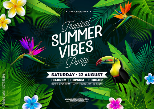 Summer Vibes Party Flyer Design with Flower, Tropical Palm Leaves and Toucan Bird on Green Background. Vector Summer Beach Celebration Design Template with Nature Floral Elements, Tropical Plants and