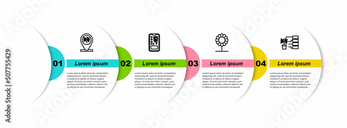 Set line Location and tree, Smart control farming system, Flower and analysis. Business infographic template. Vector