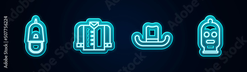 Set line Police cap with cockade, T-shirt, Man hat and Balaclava. Glowing neon icon. Vector