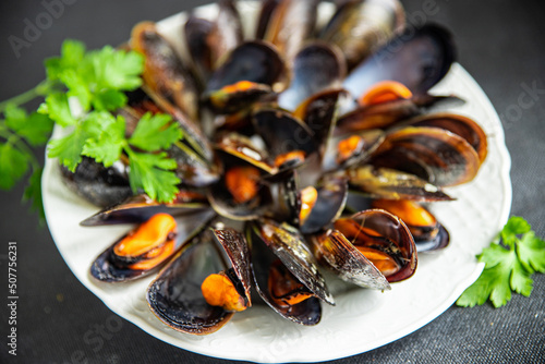 mussels in shells fresh healthy meal food snack diet on the table copy space food background rustic top view keto or paleo diet food no meat pescatarian diet