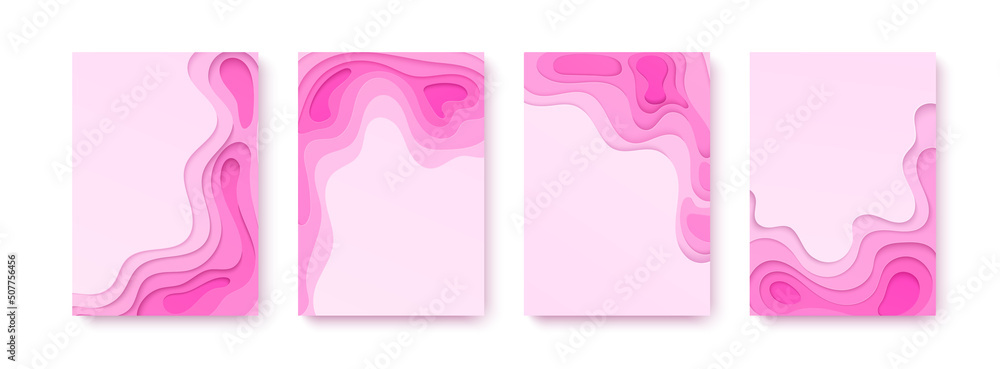 Vertical banners set of paper cut background in sweet pink color. Abstract paper art shape. Vector design Wavy geometric liquid flow graphic.
