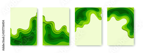 Vertical banners set of paper cut background in green color. Abstract paper art shape, nature theme. Vector design Wavy geometric liquid flow graphic.
