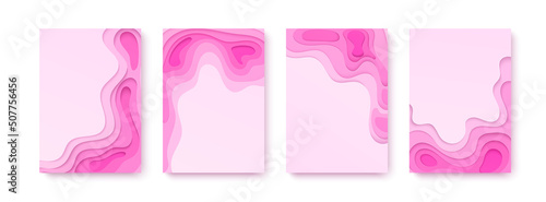 Vertical banners set of paper cut background in sweet pink color. Abstract paper art shape. Vector design Wavy geometric liquid flow graphic.
