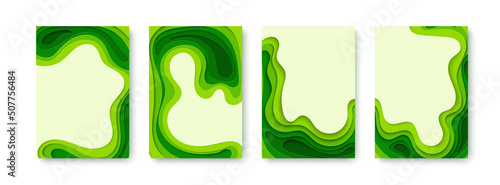 Vertical banners set of paper cut background in green color. Abstract paper art shape, nature theme. Vector design Wavy geometric liquid flow graphic.
