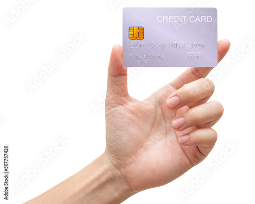 Close up woman hand hold silver platinum credit card isolated on white background with clipping path. 