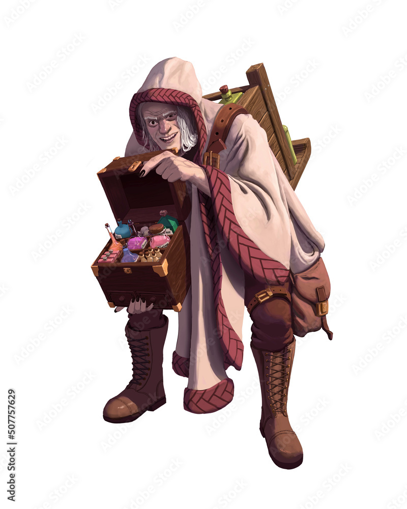 Illustration d'un personnage de fantasy (apothicaire marchand de potions) sur fond blanc Illustration d'un personnage de fantasy (apothicaire marchand de potions) sur fond blanc