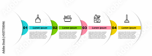 Set line Dustpan, Plastic basin with soap suds, Bottles for cleaning agent and Rubber plunger. Business infographic template. Vector