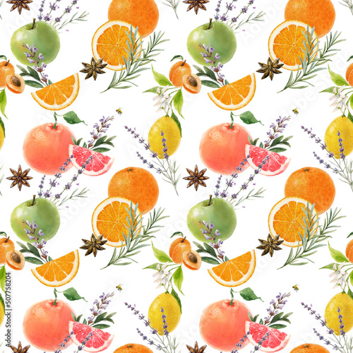 Beautiful seamless summer pattern with watercolor greens and lemon apple orange grapefruit fruits. Stock illustration.