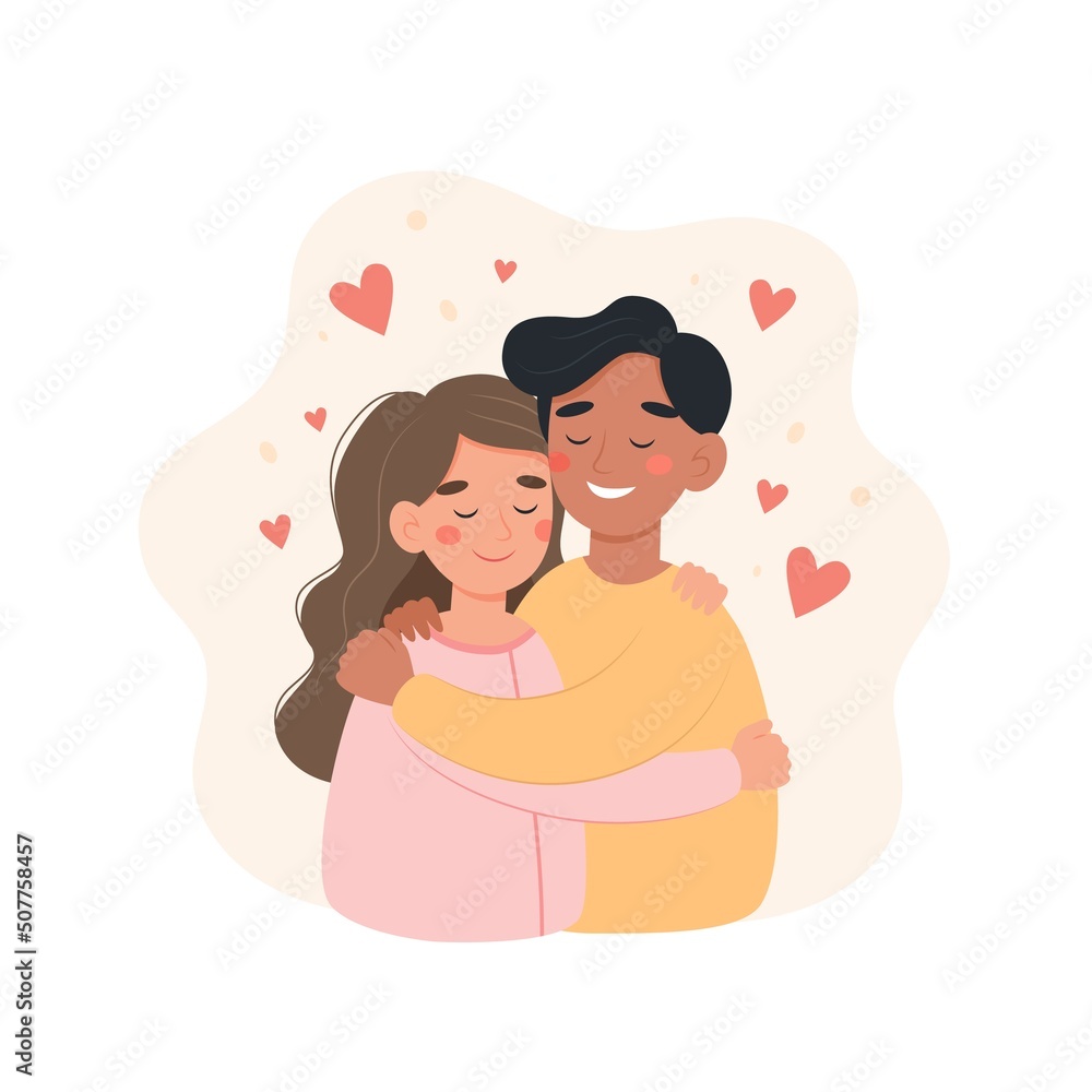 Happy international couple concept. Man and woman of different nationalities hugging each other. Cute vector illustration in flat cartoon style Happy international couple concept. Man and woman of different nationalities hugging each other. Cute vector illustration in flat cartoon style