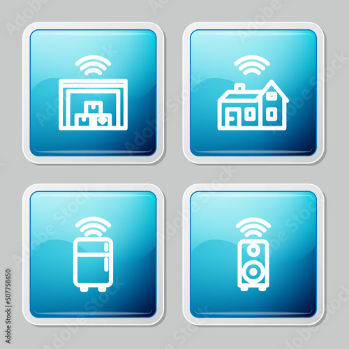 Set line Smart warehouse, home with wireless, refrigerator and stereo speaker icon. Vector