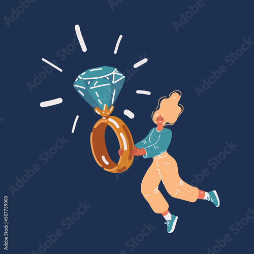 Cartoon vector illustration of wedding, bridal, jewelry and luxury. Woman fly with ring with big gem
