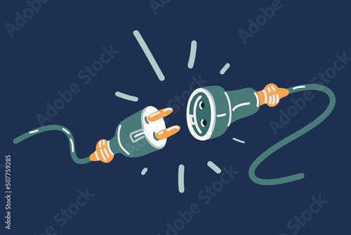 Cartoon vector illustration of Electric socket with . Connection and disconnection concept. Concept of 404 error connection. Electric plug and outlet socket unplugged. Wire, cable of energy disconnect