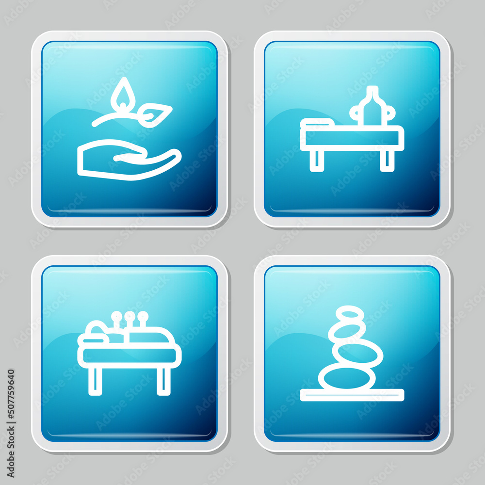Set line Leaf in hand, Massage table with oil, Acupuncture therapy and Stack hot stones icon. Vector Set line Leaf in hand, Massage table with oil, Acupuncture therapy and Stack hot stones icon. Vector