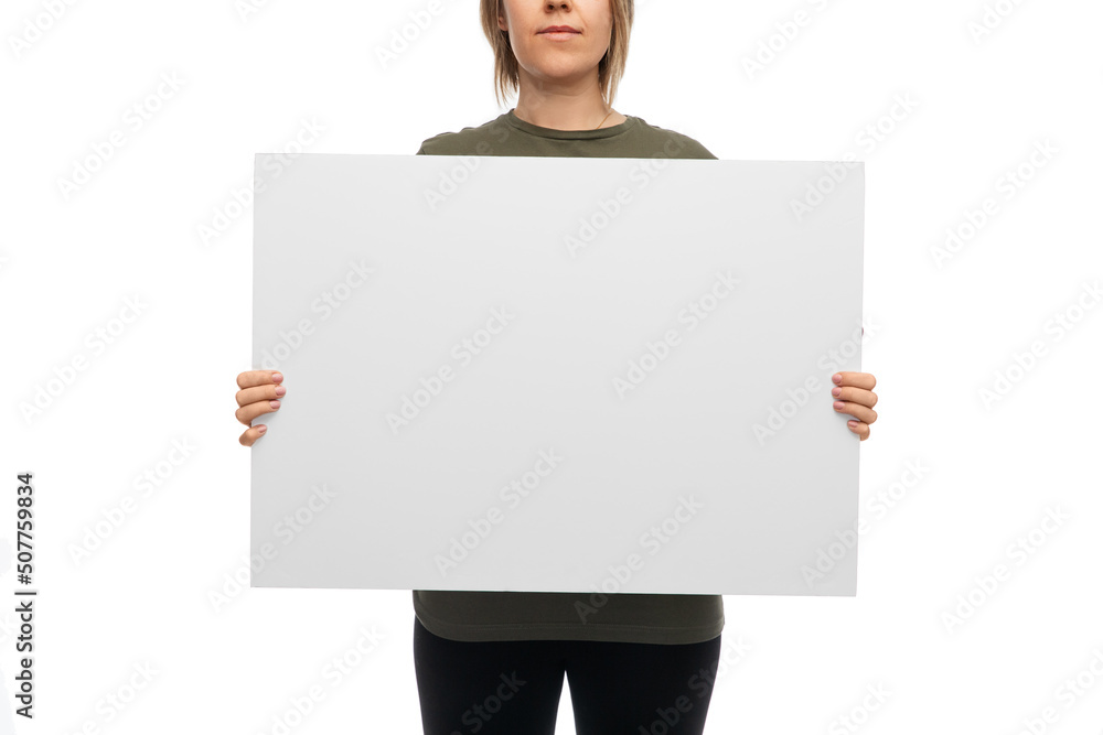 feminism and human rights concept - woman with poster protesting on demonstration over white background feminism and human rights concept - woman with poster protesting on demonstration over white background