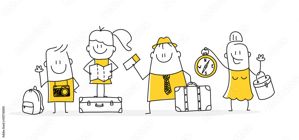 Travel stick figures with travel bag backpack and map, going on vacation trip. Travel stick figures with travel bag backpack and map, going on vacation trip.
