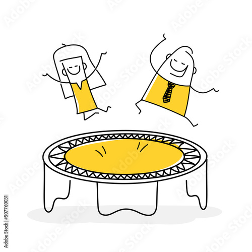 Stick figures fun on a trampoline.