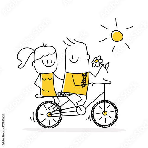 Happy stick figures couple riding tandem bicycle.