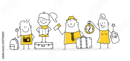 Travel stick figures with travel bag backpack and map, going on vacation trip.