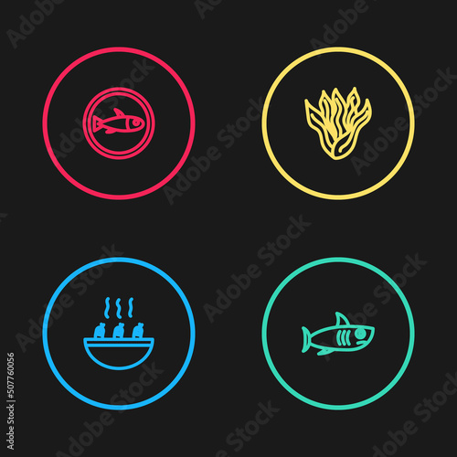 Set line Soup with shrimps, Shark, Seaweed and Served fish on plate icon. Vector