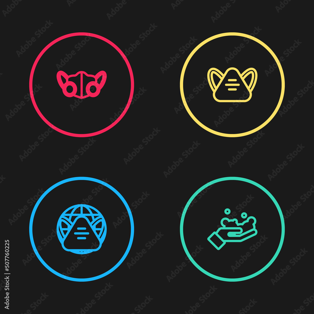 Set line Earth with medical mask, Washing hands soap, Medical protective and icon. Vector